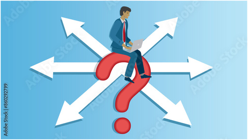 Man uncertain about what road she should choose. Sitting on question mark with arrows with different angels in background. 16:9. Vector illustration.