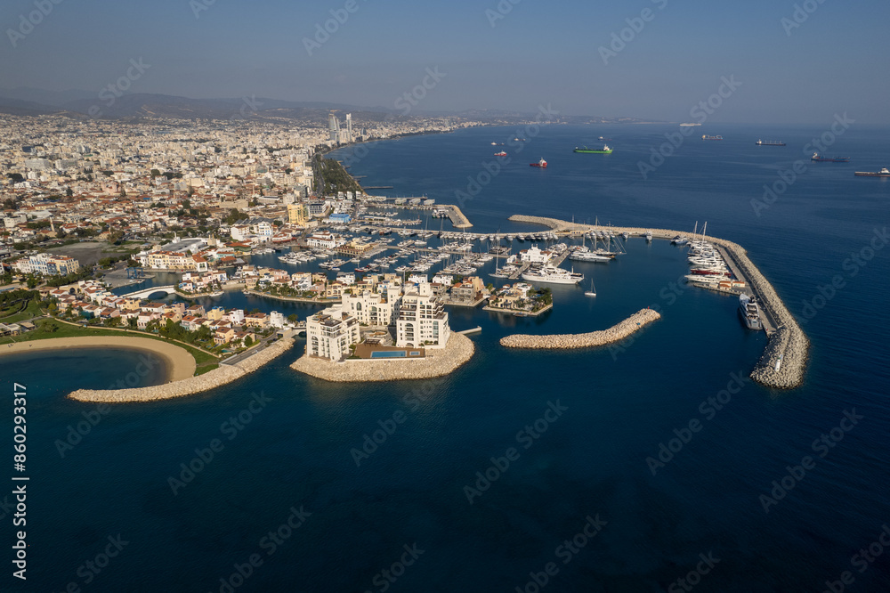 Obraz premium Aerial drone photo of yacht and fishing marina.. Limassol harbour, Cyprus, Europe