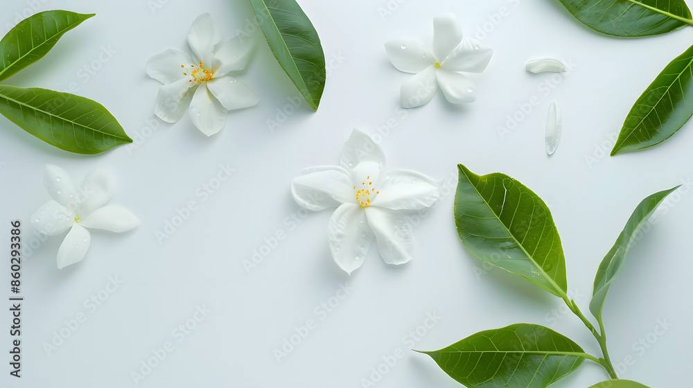 Fototapeta premium Jasmine flower with green leaf on white background top view flat lay : Generative AI