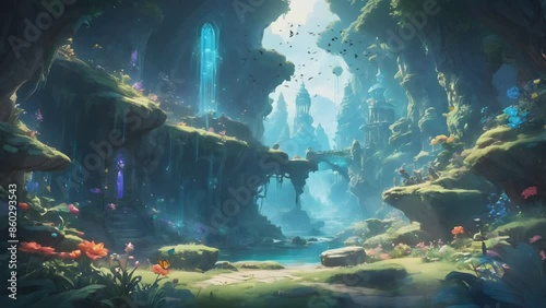 Wallpaper Mural A majestic castle perched atop a waterfall, surrounded by lush greenery and mountains under a clear blue sky with two comets streaking overhead Torontodigital.ca