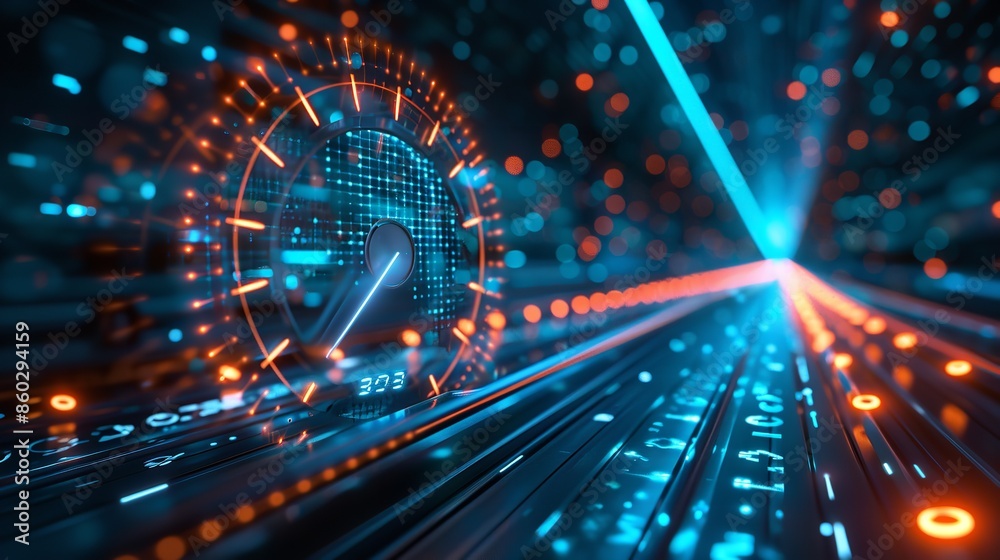 Abstract Low Poly 3D Network Cable and Speedometer in Digital Environment