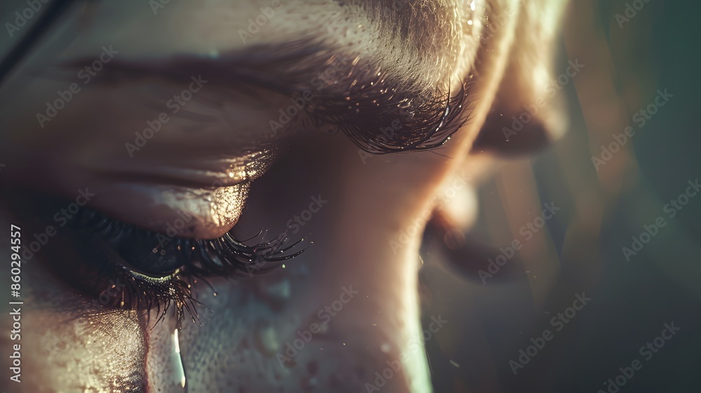 Close-up of a Tear Falling Down a Cheek in Soft Lighting Close-up of a Tear Falling Down a Cheek in Soft Lighting