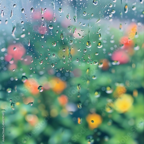 Close-up of Raindrop-Covered Window with Blurred Garden View