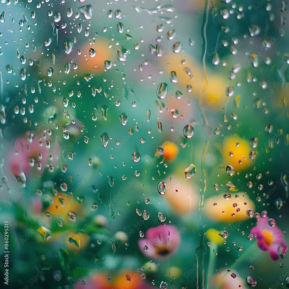 Close-up of Raindrops on Window with Blurred Garden View