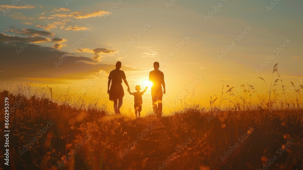 A couple walking together in a green field as the sun sets behind them A couple walking together in a green field as the sun sets behind them