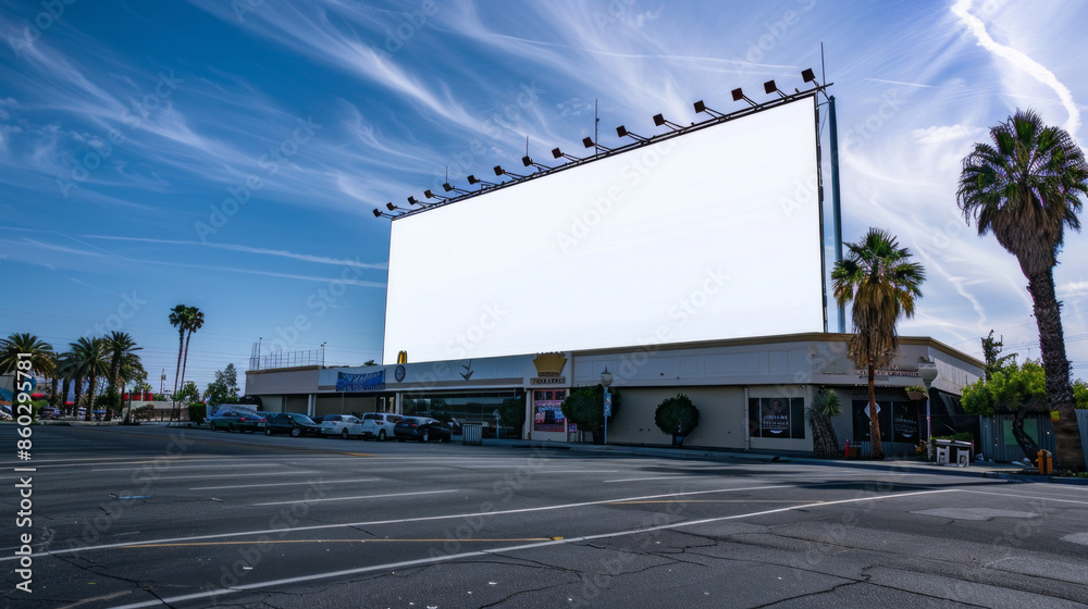 A large billboard is in front of a building with palm trees