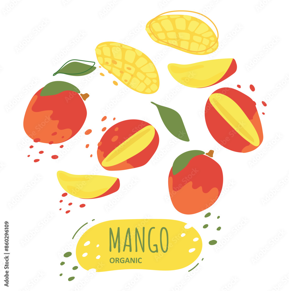 A set of mango slices with the inscription mango. Fresh, juicy and tasty fruit. Vector illustration of organic fruit. Eco-label for natural watermelon flavor. Juice, smoothie design. A set of mango slices with the inscription mango. Fresh, juicy and tasty fruit. Vector illustration of organic fruit. Eco-label for natural watermelon flavor. Juice, smoothie design.
