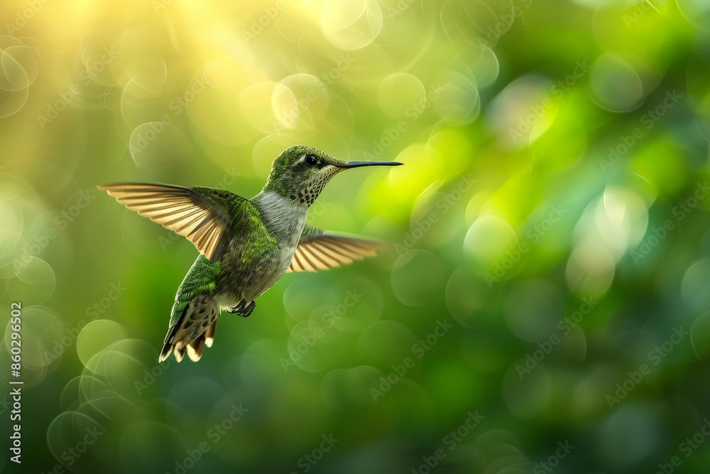 Fototapeta premium A tiny, iridescent hummingbird hovers mid-flight near a vibrant flower