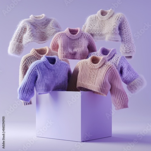 a bunch of sweaters in a box on a purple background photo