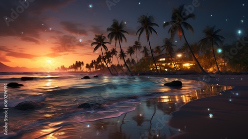 Beautiful colorful island night beach painting, sunset over the sea
