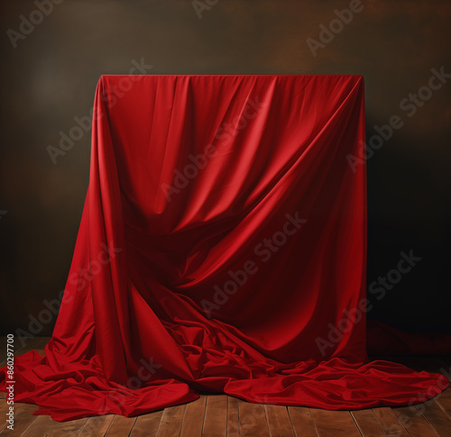 Red curtain draped over a mysterious box. A luxurious red silk curtain is draped elegantly over a wooden box on a black background. This image evokes a sense of anticipation and unveiling mystery