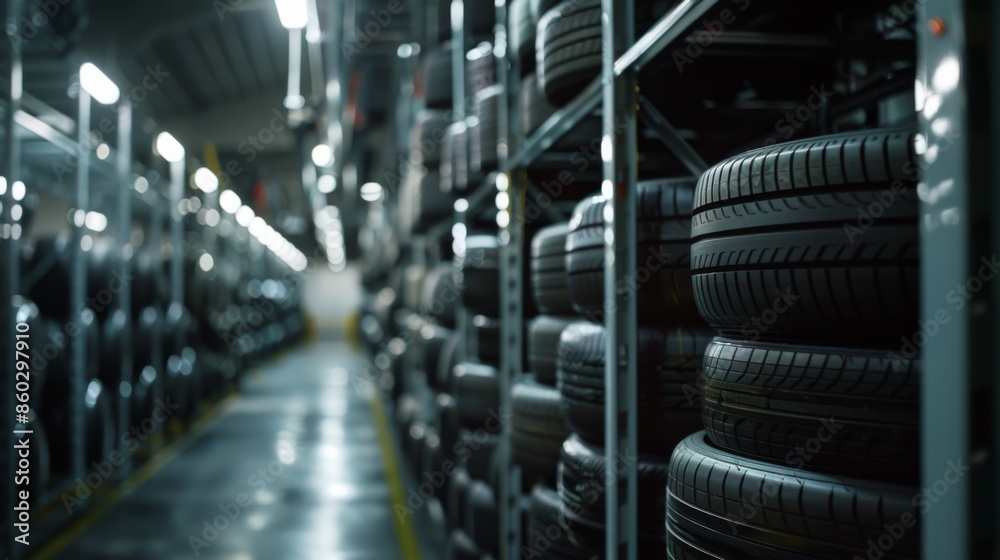Car tires in new modern factory storage area Car tires in new modern factory storage area