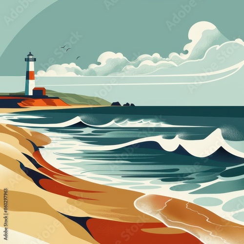 a painting of a beach with a lighthouse in the distance