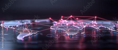 Futuristic global network connections with dots and lines on world map, technology and communication concept.