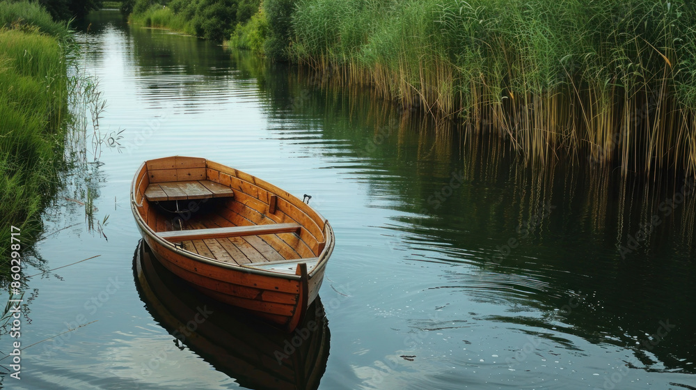 A wooden rowboat drifting on the lake water A wooden rowboat drifting on the lake water
