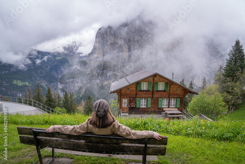 murren is small peaceful and beautiful village where locate between lauterbrunen and schilthorn mountain and birg station suitable for stay and trekking photo
