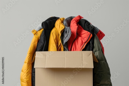 a cardboard box with a stack of clothes photo