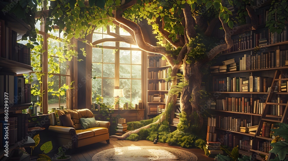 Fototapeta premium Whimsical Library with Bookshelves in a Living Tree