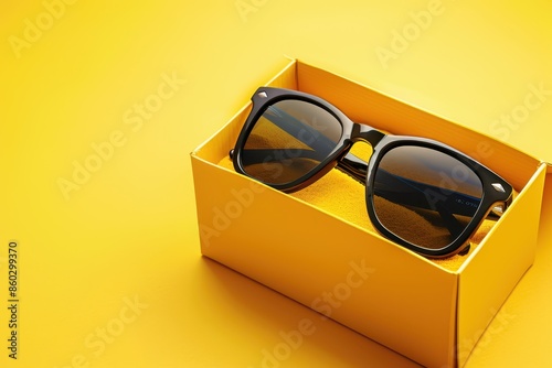 sunglasses in a yellow box on a yellow background photo