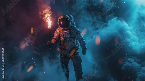 Astronaut holding fiery torch with billowing black smoke
 Seamless looping 4k time-lapse virtual video animation background. Generated AI