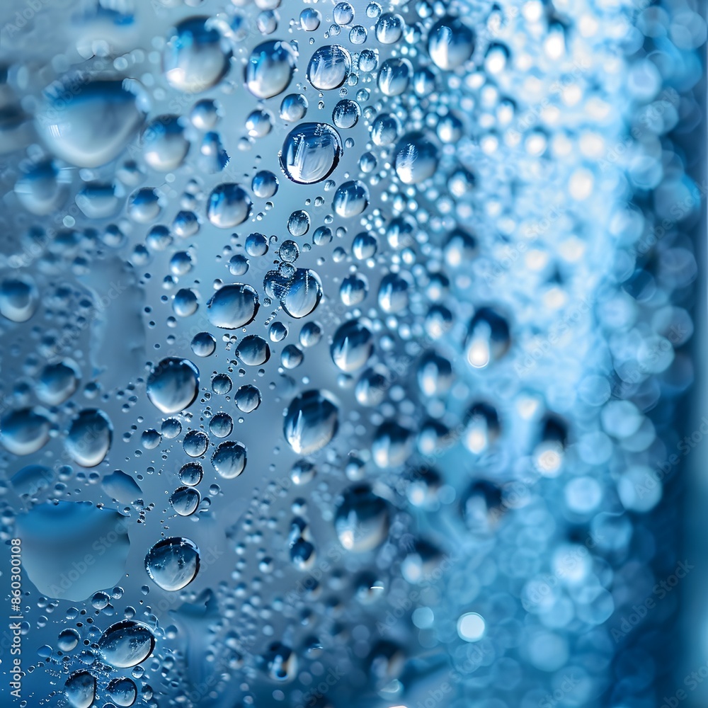 Macro shot of water droplets on frosted glass with blue background Macro shot of water droplets on frosted glass with blue background
