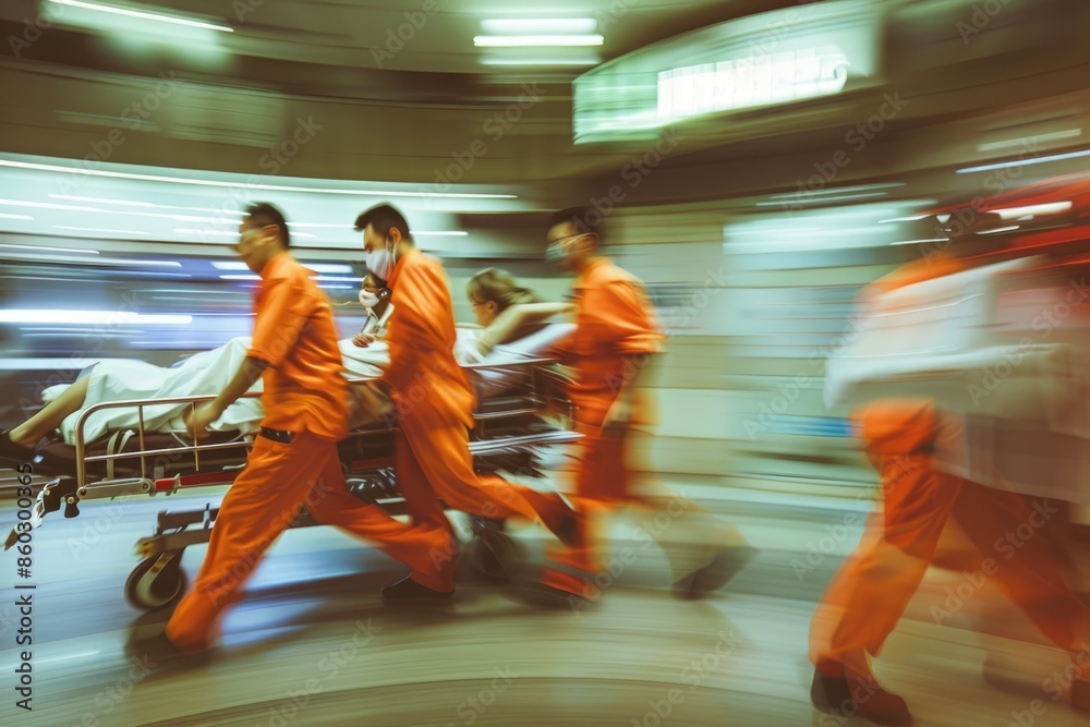 A team of emergency medical professionals rushing a patient on a stretcher through a busy emergency room, showing urgency and teamwork. A team of emergency medical professionals rushing a patient on a stretcher through a busy emergency room, showing urgency and teamwork.