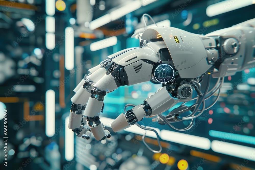 Fototapeta premium A robot AI arm in motion, set against a sophisticated background of augmented reality elements and technological graphics. 