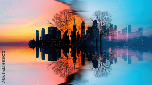 A city skyline is reflected in the water, with the sun setting in the background