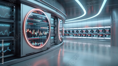 Futuristic data center with advanced technology, glowing screens, and sleek modern design, perfect for technology and innovation concepts.