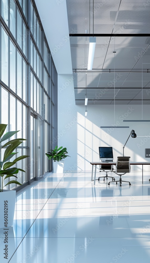 Modern Office with Large Windows and Solar Panels, Flooded with Natural Light for a Healthy Work Environment Modern Office with Large Windows and Solar Panels, Flooded with Natural Light for a Healthy Work Environment