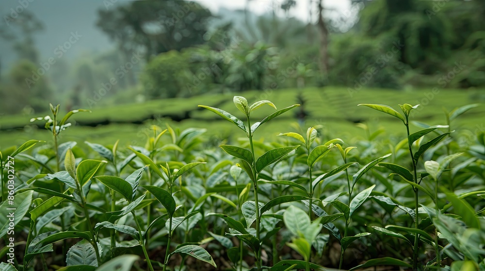 Bright tea shoots with lush greenery in the background Bright tea shoots with lush greenery in the background