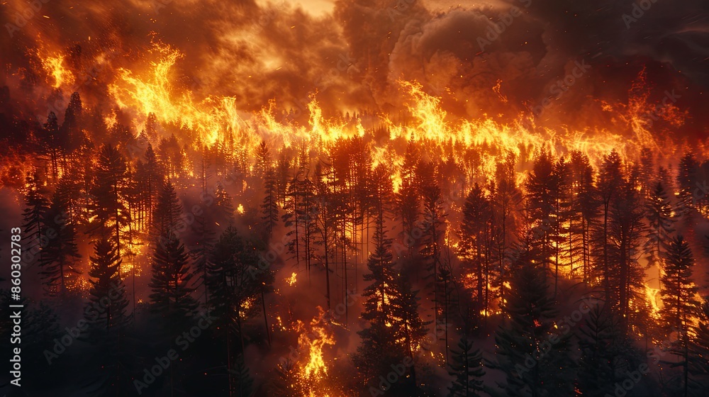 Wildfire raging through a forest, powerful natural disaster scene Wildfire raging through a forest, powerful natural disaster scene