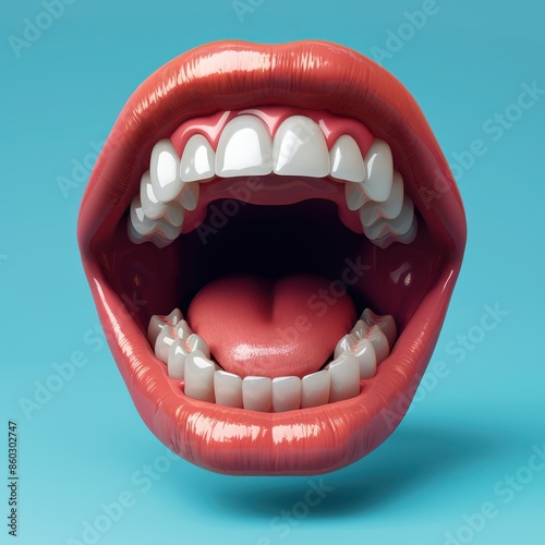 a mouth with open teeth and a tongue on a blue background photo