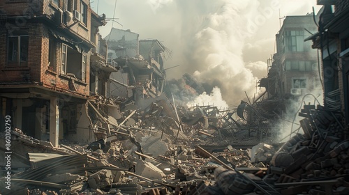 Earthquake destruction, highlighting the aftermath, dramatic visuals photo