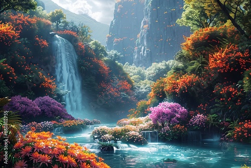 Beautiful Paradise Land with Flower and Waterfall created with Generative AI