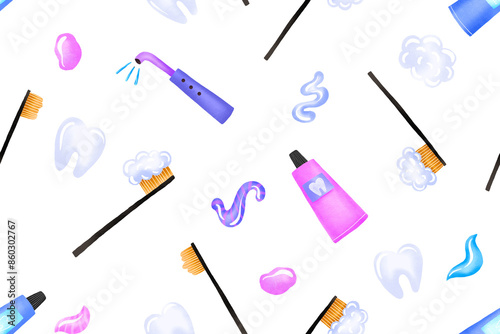 Seamless pattern with dental care devices. Background for children's dentist clinic. Oral care with a dental brush and irrigator