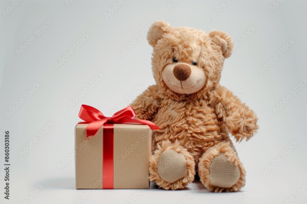 Cuddly Bear with Gift Box on White Background, Perfect for Holiday Ads Generative AI Cuddly Bear with Gift Box on White Background, Perfect for Holiday Ads Generative AI