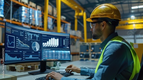 A smart warehouse manager analyzes data on a computer dashboard, monitoring key performance indicators and optimizing logistics operations for maximum efficiency.