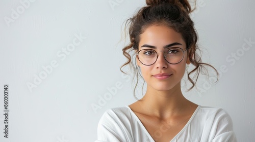 Woman displaying confidence, isolated on a white background, bold stance photo
