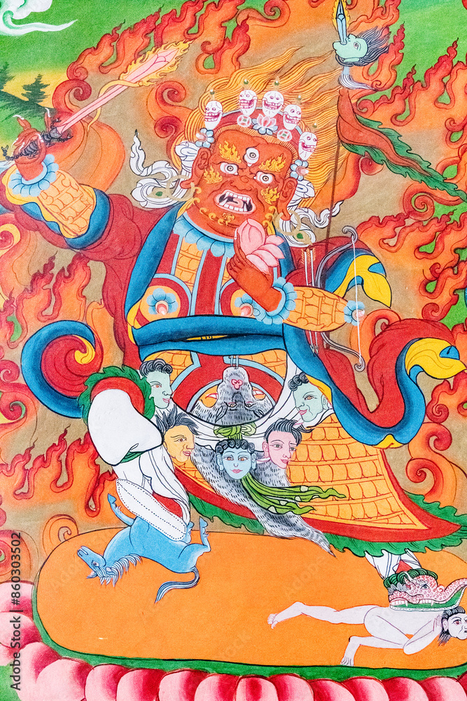 Obraz premium A detailed view of a vibrant tibetan deity painting displayed on a wall, Karcha Monastery in Zanskar