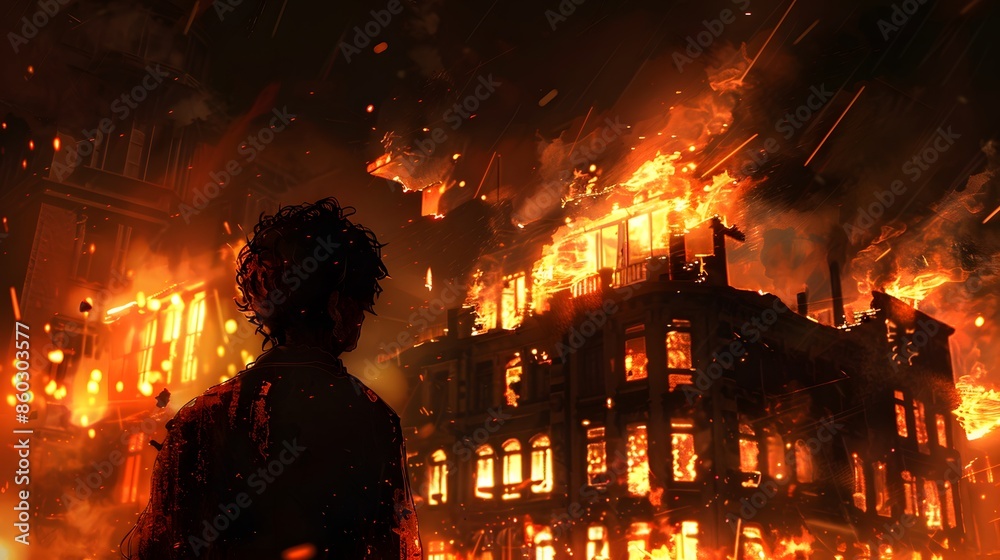 Fototapeta premium Person Standing in Front of a Burning Building at Night