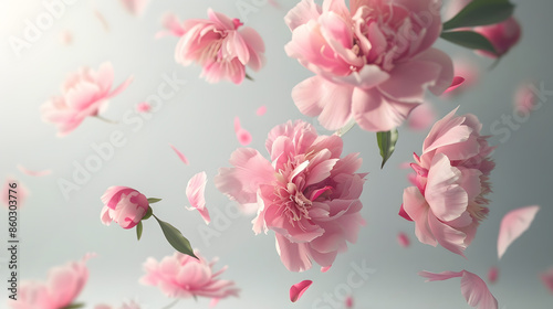 Fototapeta Naklejka Na Ścianę i Meble -  Beautiful pink peony flowers flying on light background : Generative AI