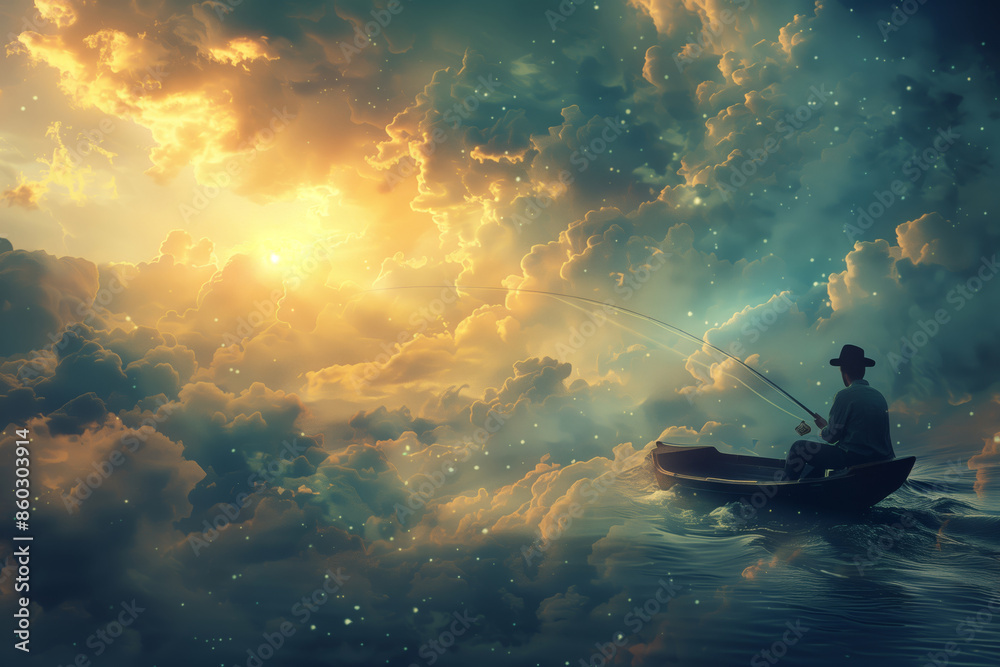 A Man Fishing For New Ideas In A Sea Of Clouds At Sunset A Man Fishing For New Ideas In A Sea Of Clouds At Sunset