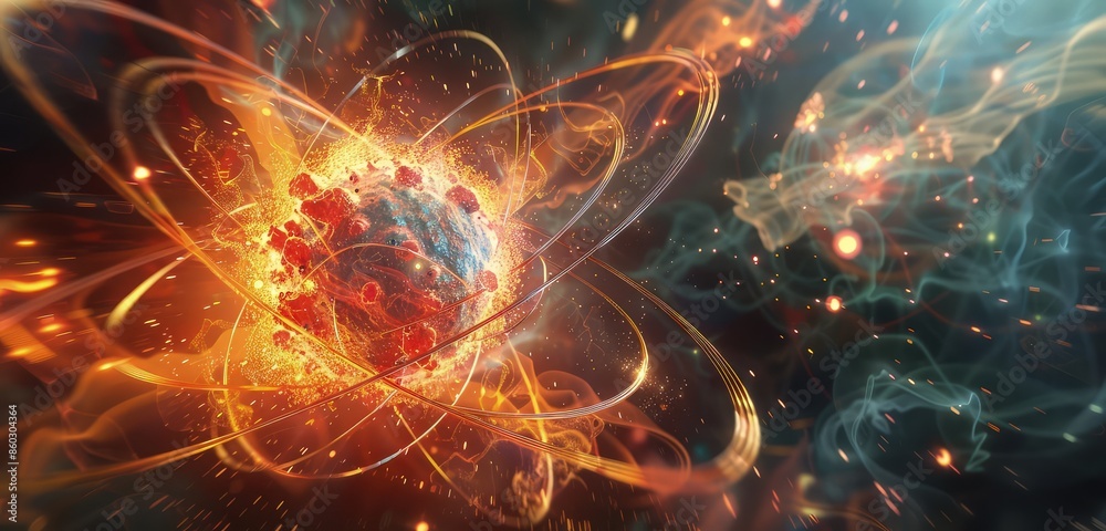 Obraz premium A sophisticated 3D rendering of a physics atom, with detailed electron paths and a vibrant nucleus, set against a complex, abstract background of atomic forces.