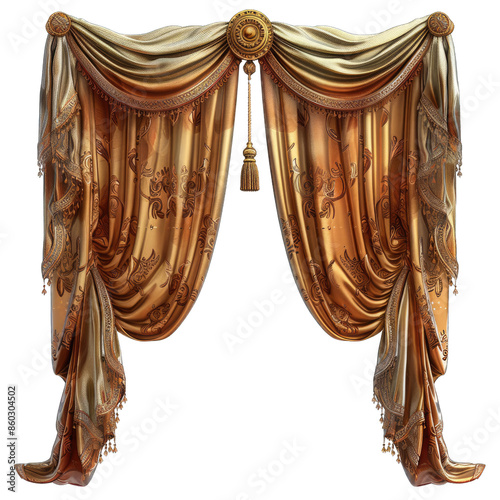 Luxury golden silk curtains with a beautiful pattern isolated on transparent background