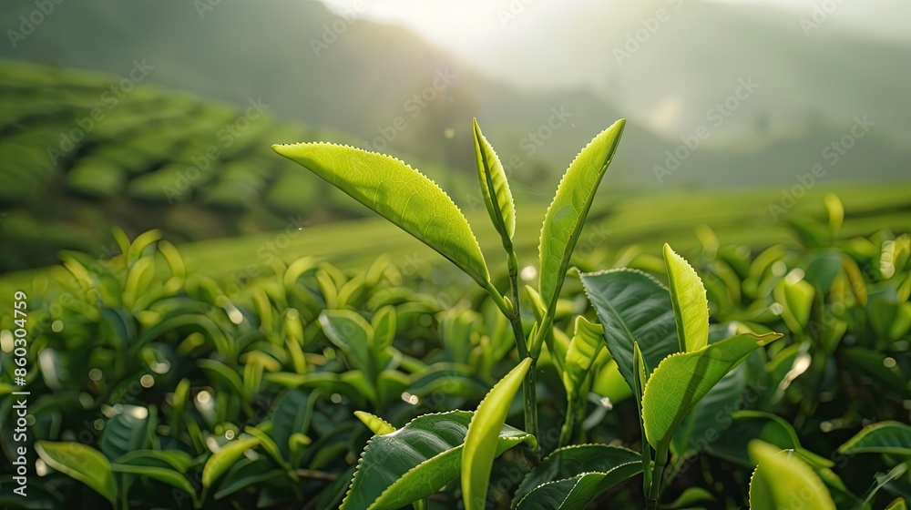 Fresh tea shoots with rolling hills in the background