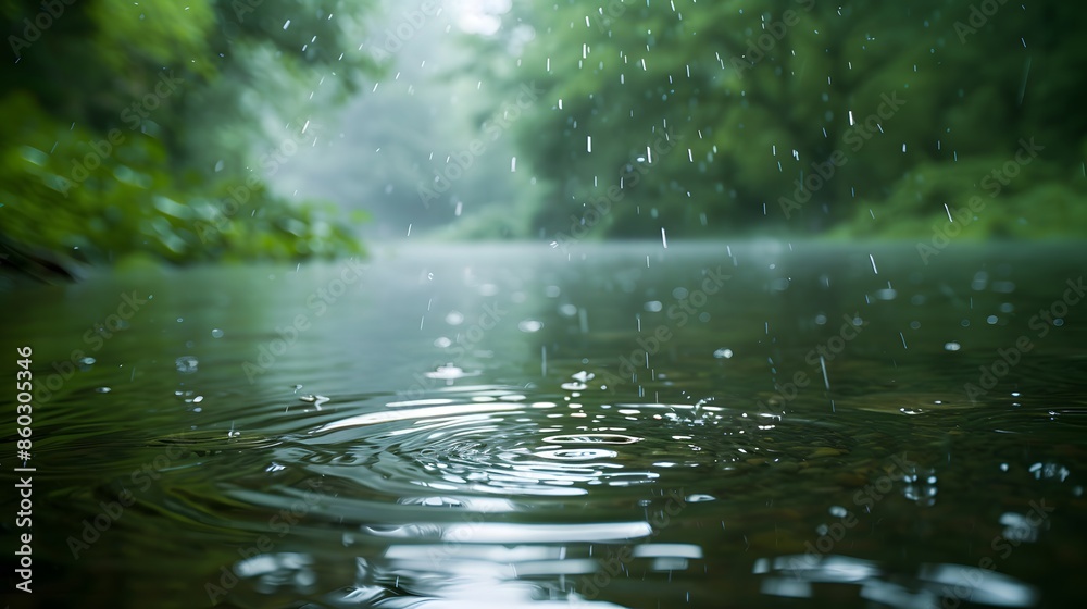Riverbank in Heavy Rainstorm with Lush Green Foliage Riverbank in Heavy Rainstorm with Lush Green Foliage