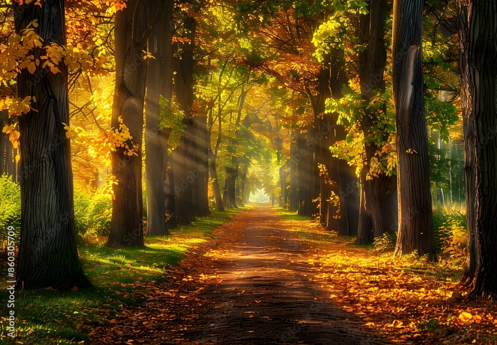 Fototapeta premium Serene Autumn Forest Path with Sunlit Clearing