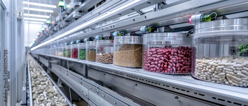 Modern automated storage system in industrial facility with rows of containers holding various types of grains and seeds.