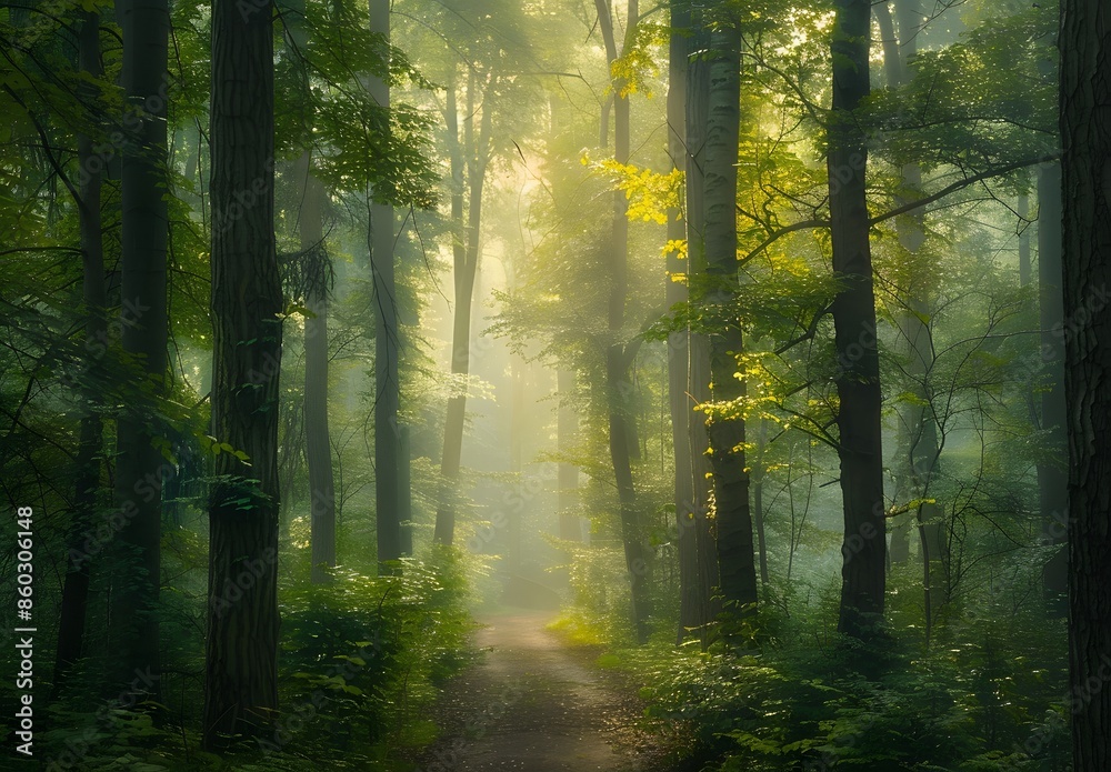 Fototapeta premium Serene Forest Path with Sunlit Trees and Misty Air